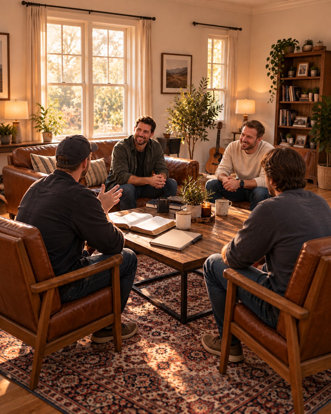 Four men sharing conversation around an open Bible in a warmly lit living room