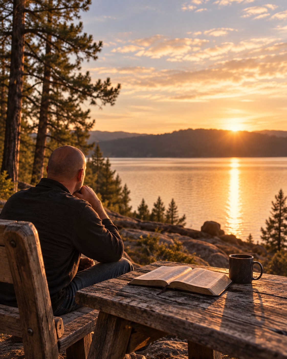 A man reflecting beside a lake at sunset, with an open Bible and coffee on a wooden table